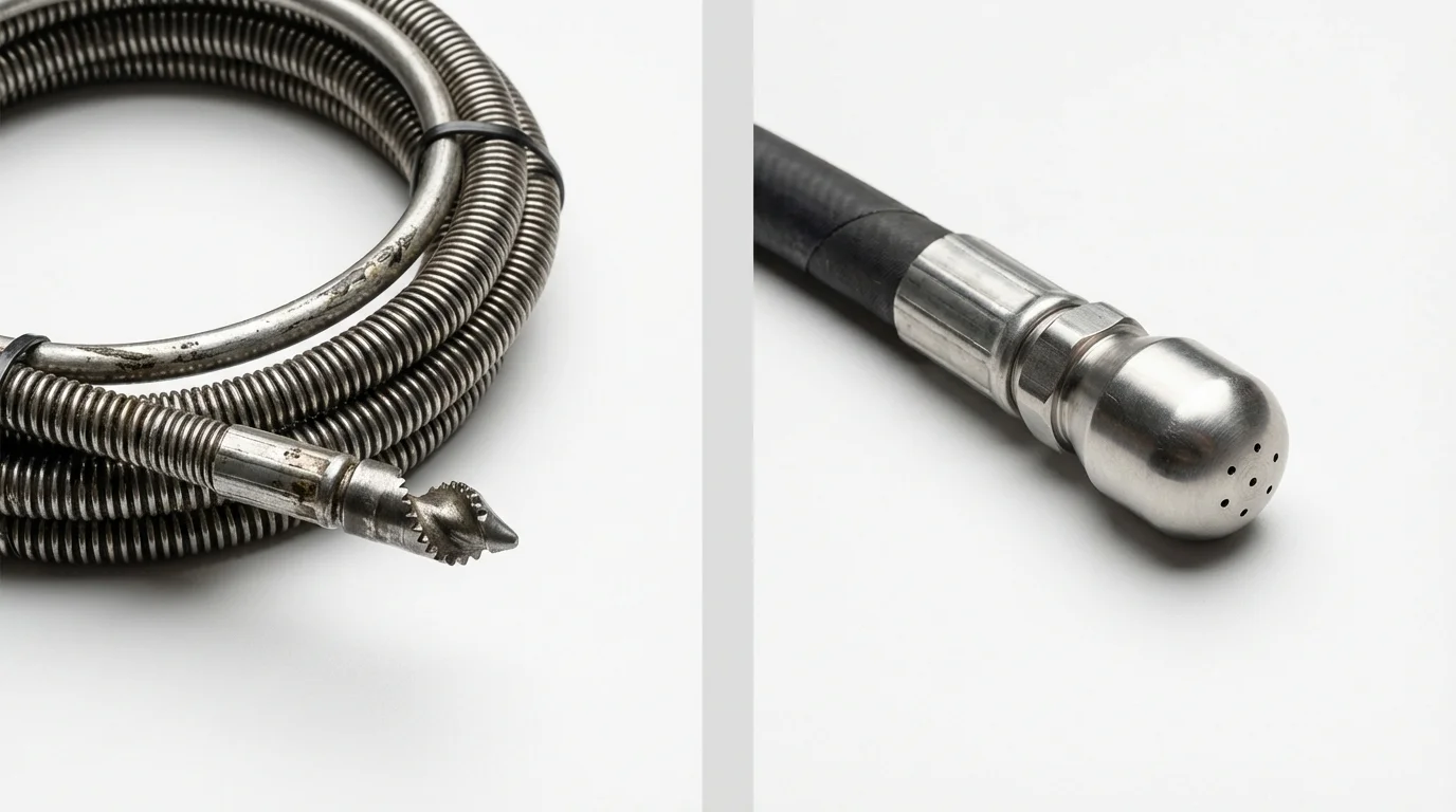 Drain snake cable and hydro jetting nozzle used for drain cleaning in Mora, MN