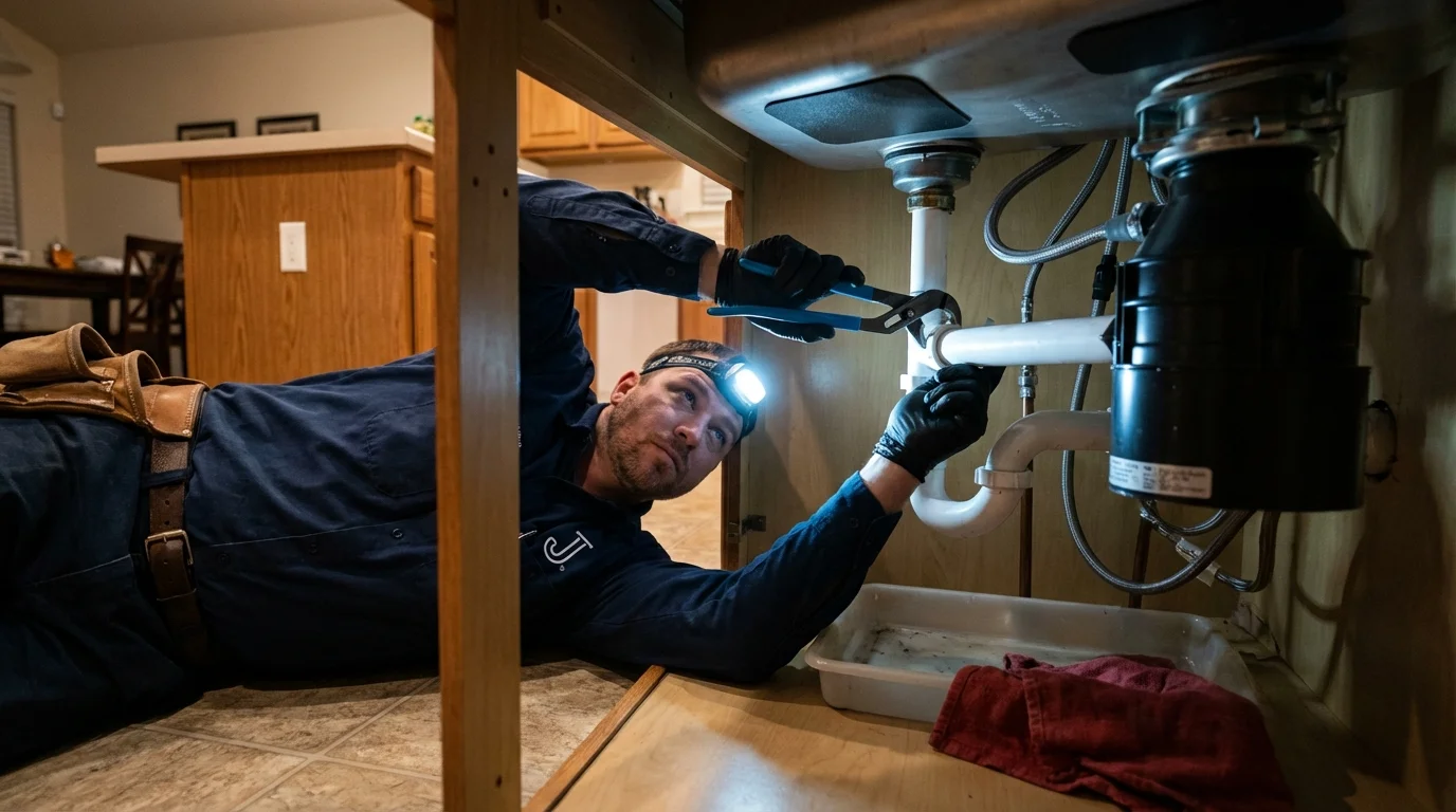 P-trap and supply line connections under a kitchen sink showing a common leak point in Mora, MN